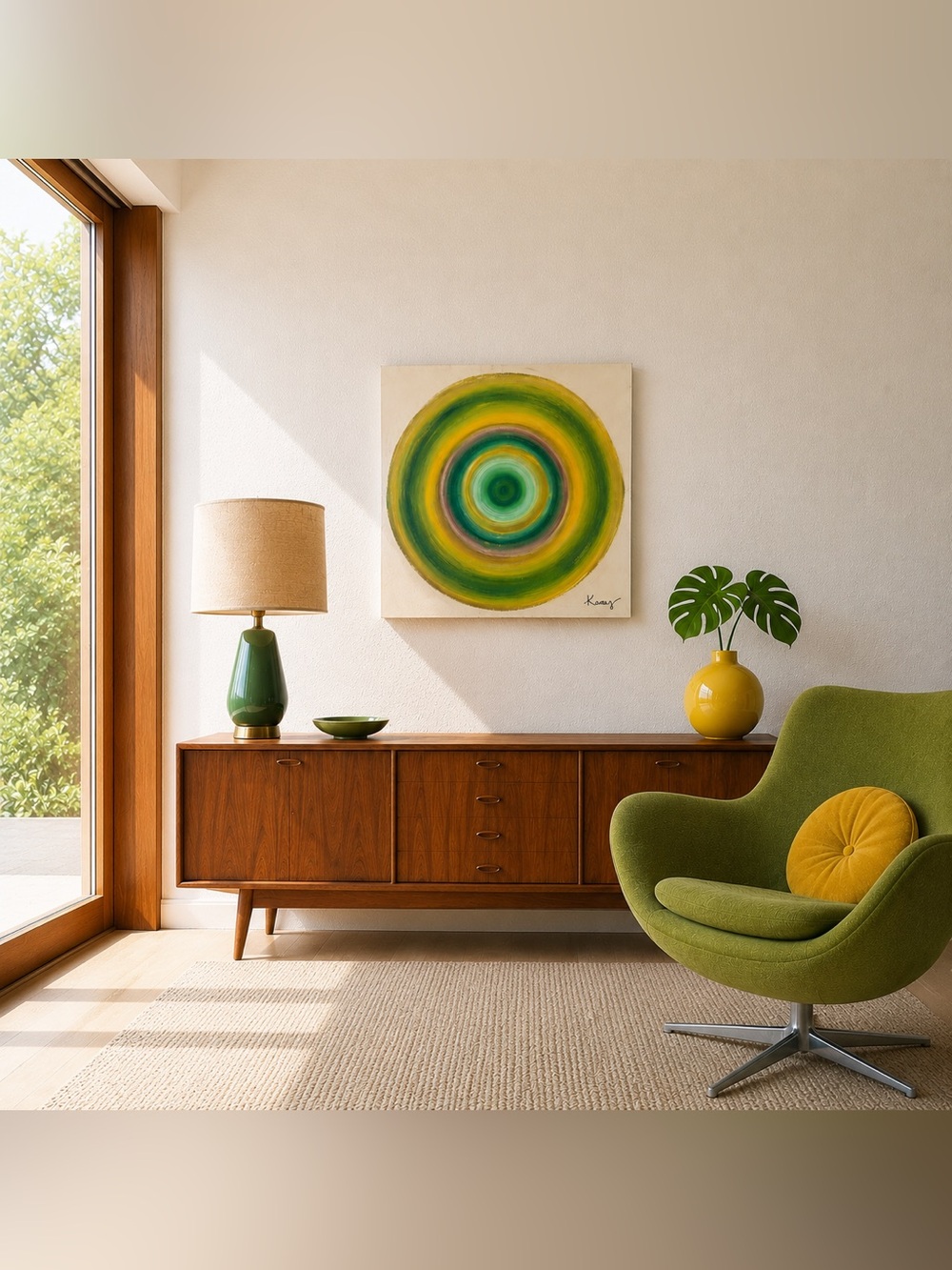 Mod Design Signed Original Painting | Green Yellow Mid Century Modern Abstract